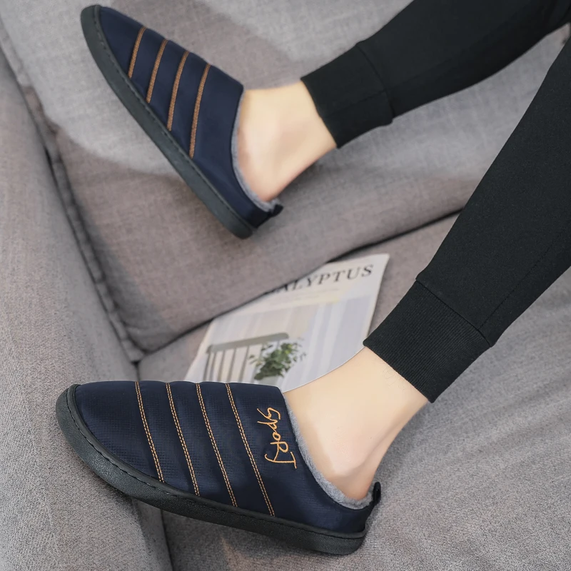 Men's Slippers for home 2020 Winter Non Slip Plush Warm Male House Shoes Stripe Unisex Indoor plus size 36-47