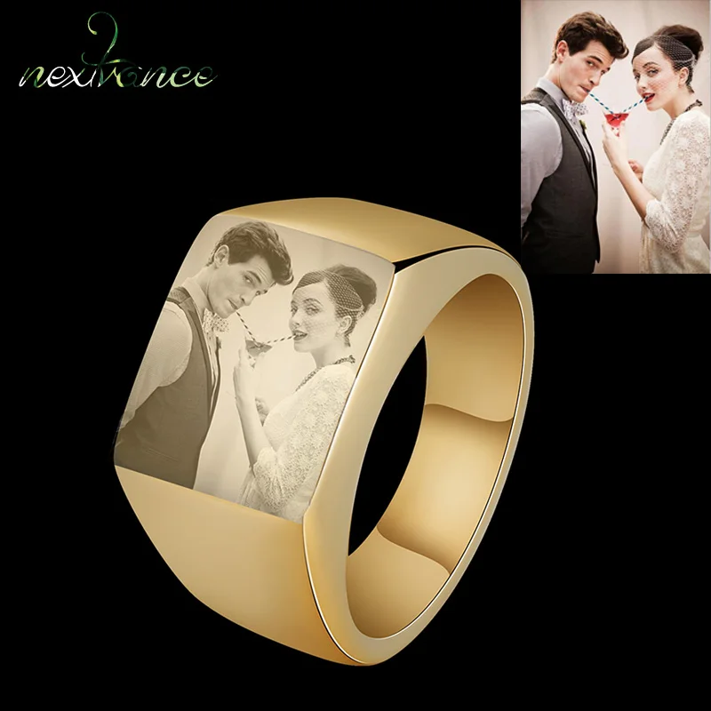 Nextvance Rings Customized Engrave Ring Square Big Width Band Women's Ring Personalized Name Photo Couple Rings Jewelry Gift