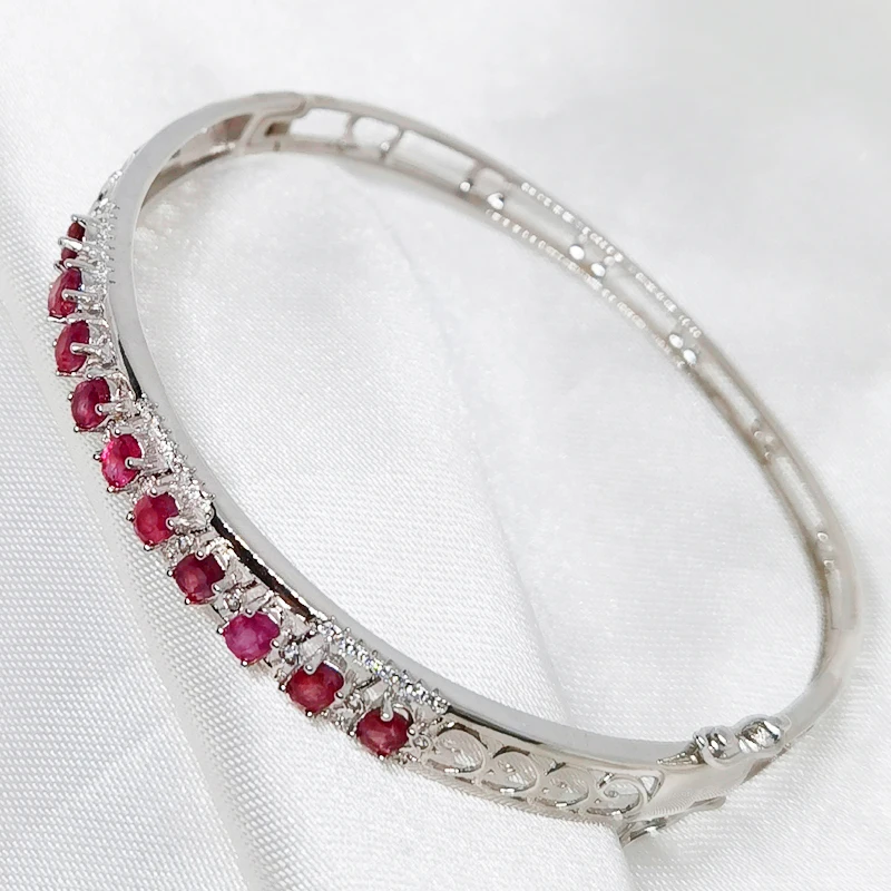 Real Natural Ruby Gemstone Bangle 925 Sterling Silver Red Stone Bracelet for Women Fine Jewelry Party Gift Good Luck Birthstone