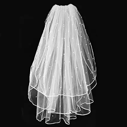 Wedding Veil,White Bridal Comb 3 Tier Ribbon Edge with Pearl Center Cascade for Bachelorette Party