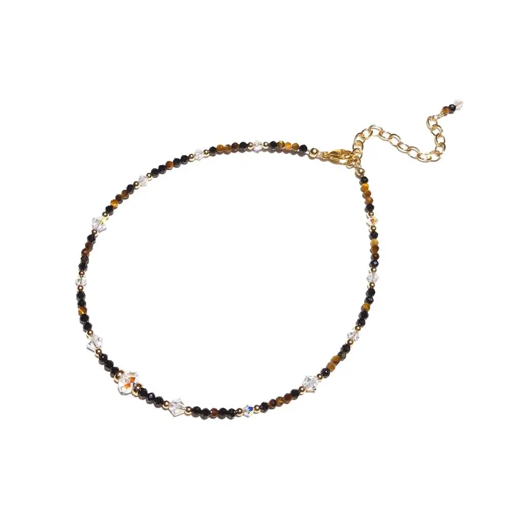 

Lii Ji Black Spinel Natural Tiger's Eye Austrian Crystal 14K Gold Filled Anklet Bracelet 24+5cm