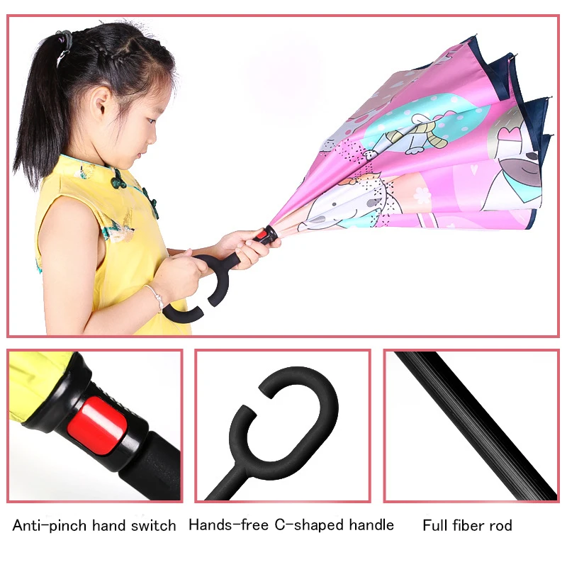 Reverse Folding Umbrella Rain Women Cute Cartoon Children Double Inverted Umbrella animation modeling kids umbrella For girls