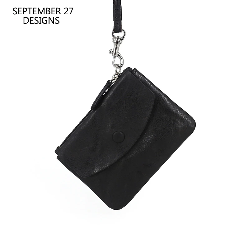 Storage Coin Purses Genuine Leather Women Zipper Key Wallets Cowhide Neck Lanyard Credit Card Purse Casual Money Bag Unisex