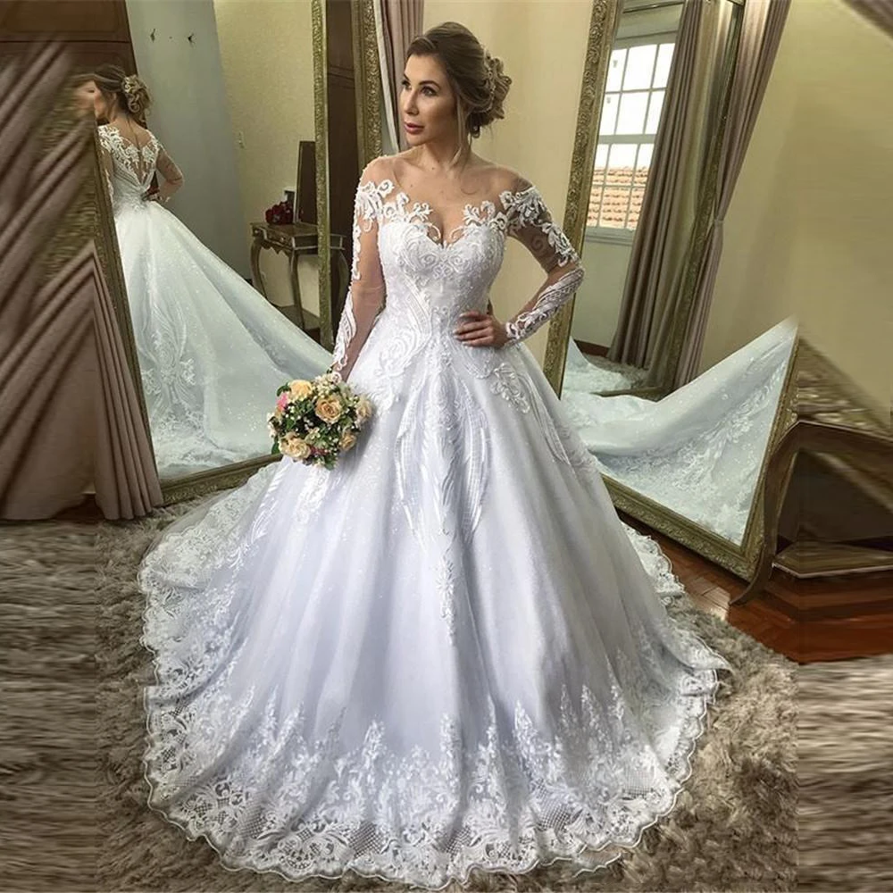 Vestidos de novia de tul de manga larga, ropa de novia con apliques de línea A de encaje árabe, de talla grande, 2020