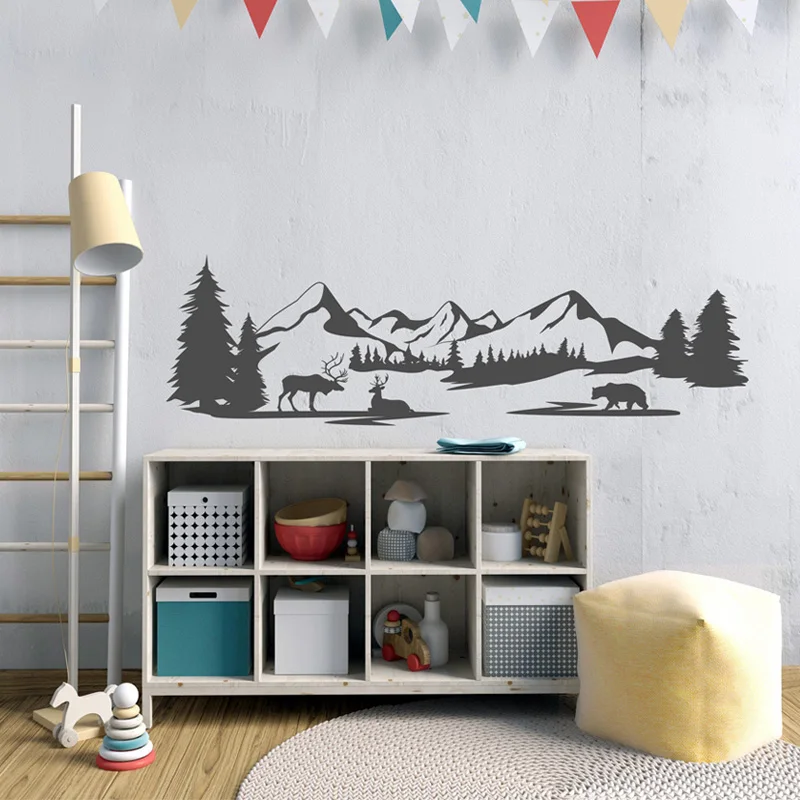 

Nursery Wall Decals Mountain Wall Decals With Pine Tree Bear Deer Roll Vinyl Stickers Forest Landscape Decoration 3905