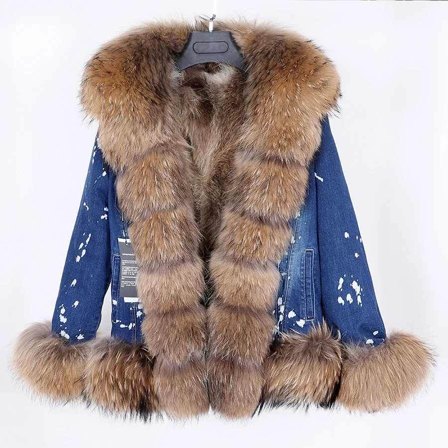 MAOMAOKONG 2020 winter warm detachable fox fur lining denim jacket natural real raccoon fur collar female jacket Women\'s coat