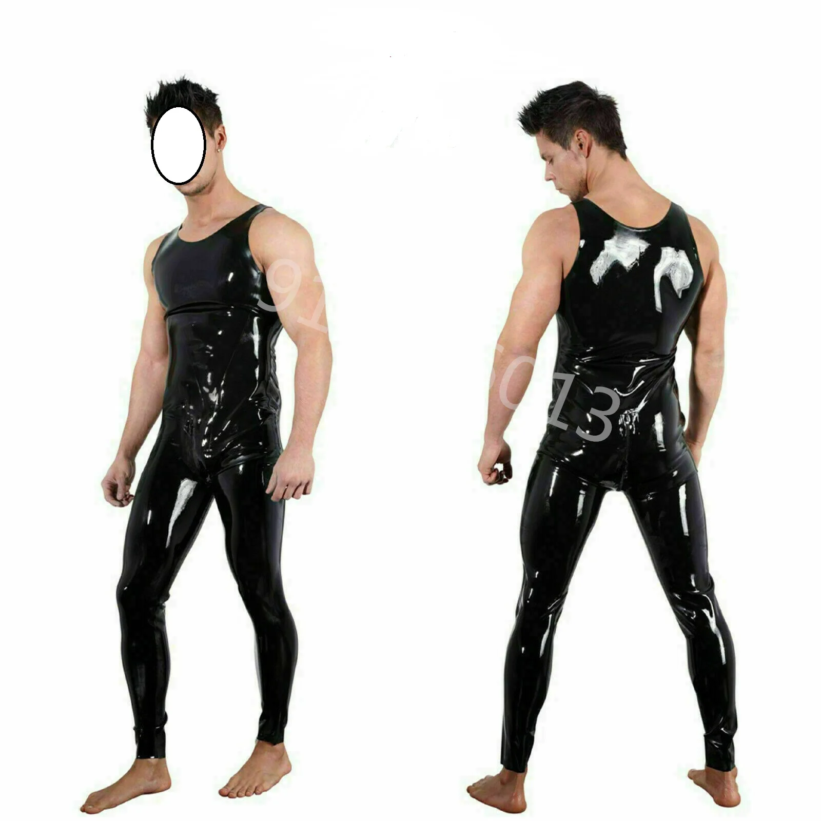 Handmade Natural Latex Male Catsuit Men's Latex-Overall Sleeveless Bodysuit Black Overalls with Zipper Skin-Tight Jumpsuit New