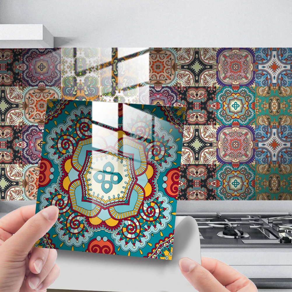 Pegatina de pared autoadhesiva para baño y cocina, calcomanía de Mandala de 10 piezas, murales coloridos, decoración del hogar, 10x10cm