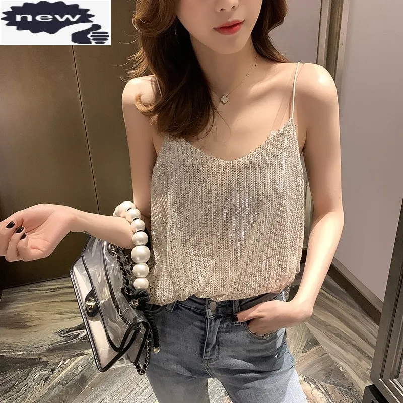 

Summer Sexy Women Straps V Neck Camis Night Clubwear Short Shiny Sequined Tank Top Casual Womens Clothes Suspenders Tops