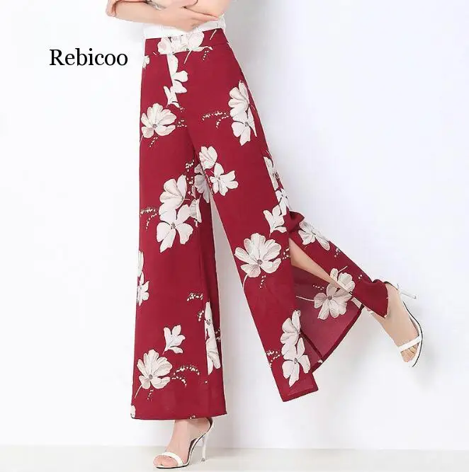 Fashion Women Split Side Buttons Wide Leg Jogger Casual Long Pants Summer Loose Striped High Waist Trousers