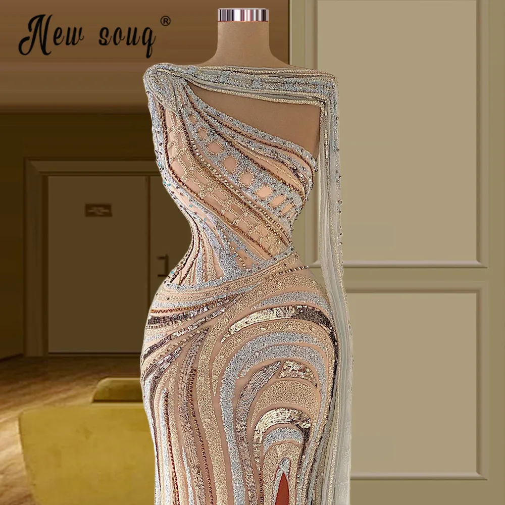 Luxury Beaded Long Mermaid Saudi Arabic Sparkly Evening Gown 2021 Sexy Split Side Robe De Soiree Formal Prom Party Dresses