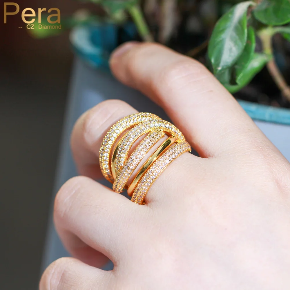 

Pera Luxury 585 Gold Color Micro Full CZ Stone Pave Setting Geometry Shape Bridal Engagement Rings Wedding Bands for Brides R164