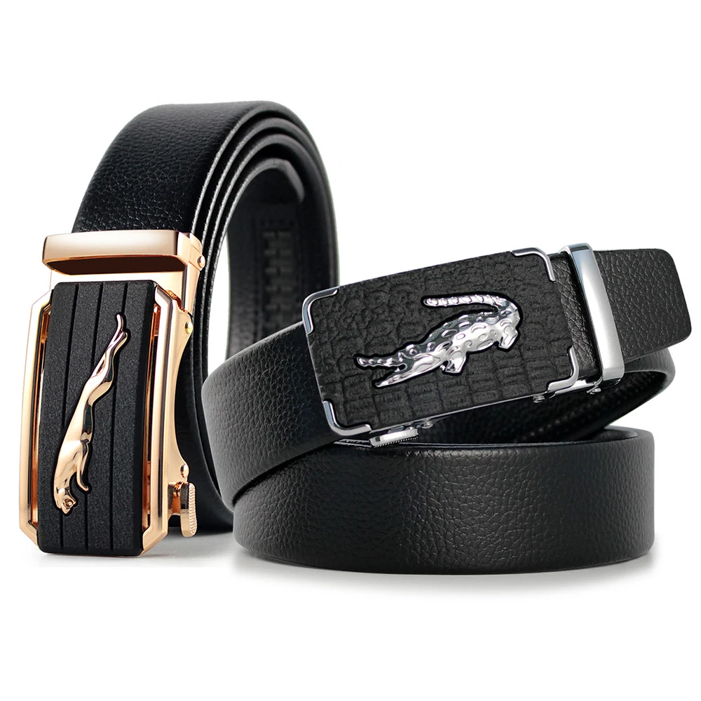 JACNAIP Men Leather Belt Black Gold Leopard Automatic Buckle Belts Genuine Cow Leather Adjustable Ratchet Belt For Men 3.5cm