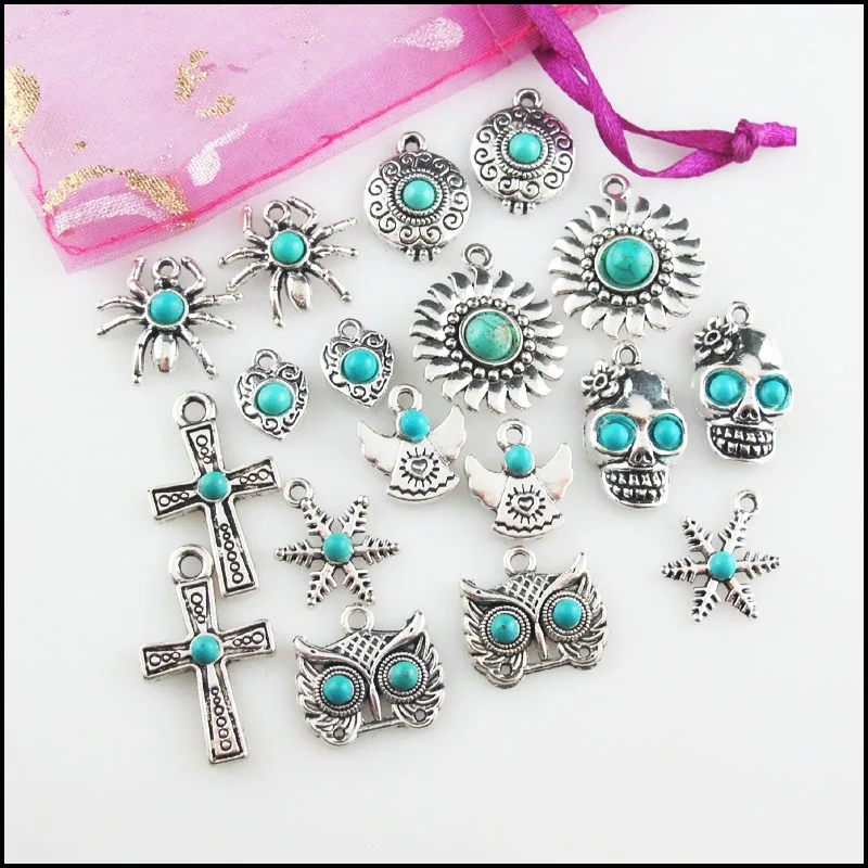 Fashion New Turquoise Stone Charms Angel Owl Animal Spider Snowflower Skull Tibetan Silver Plated Pendants Retro HCJBAB