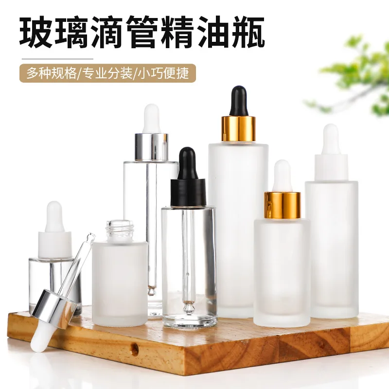 Wholesale Empty Cosmetic 20ml 30ml 50ml 100ml Essential Oil Serum Flat Shoulder Frosted Clear Glass Dropper Bottle With Pipette