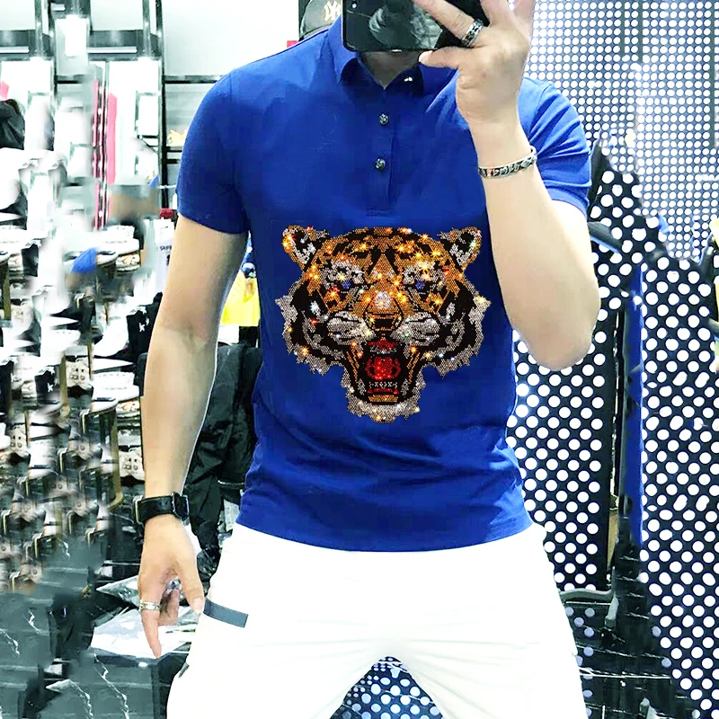 

High-Quality Cotton Bottoming Men's T-Shirt Couples With The Same Hot Diamond Tiger Polo Custom Solid Color