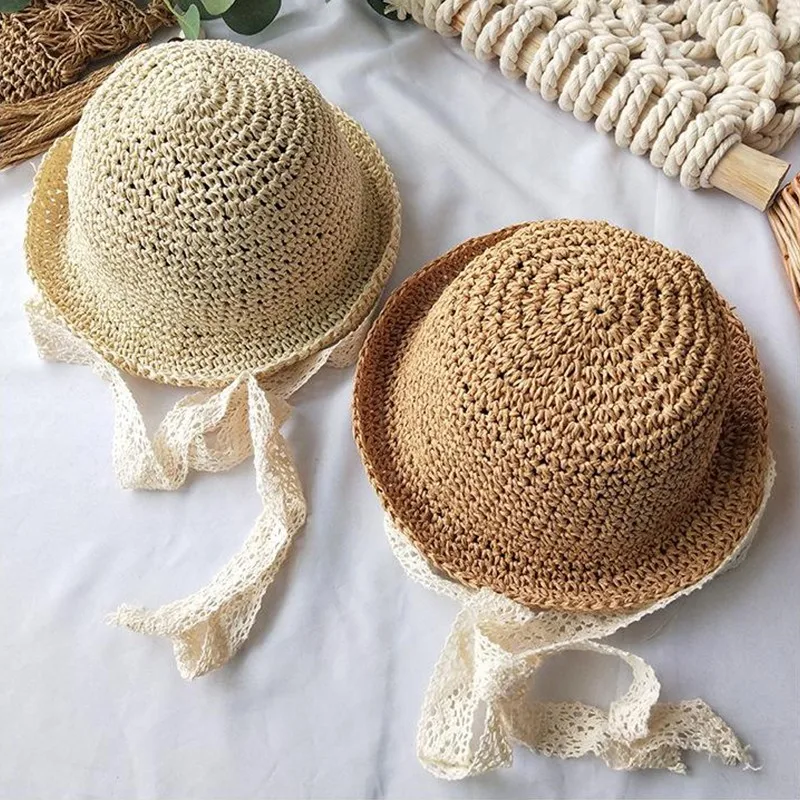 Sombreros de paja coreanos para bebé, niño y niña, sombrero de ganchillo con correa de encaje, plegable, hecho a mano, para el sol y la playa