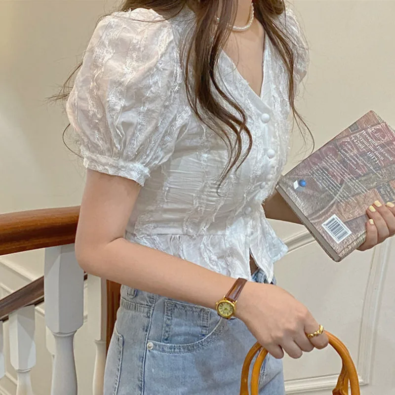 Sweet Lace Stitching Summer Women's Shirt Korean Fashion Puff Short Sleeve Slim Blouse Women Cotton Short Tops New Blusas 15668