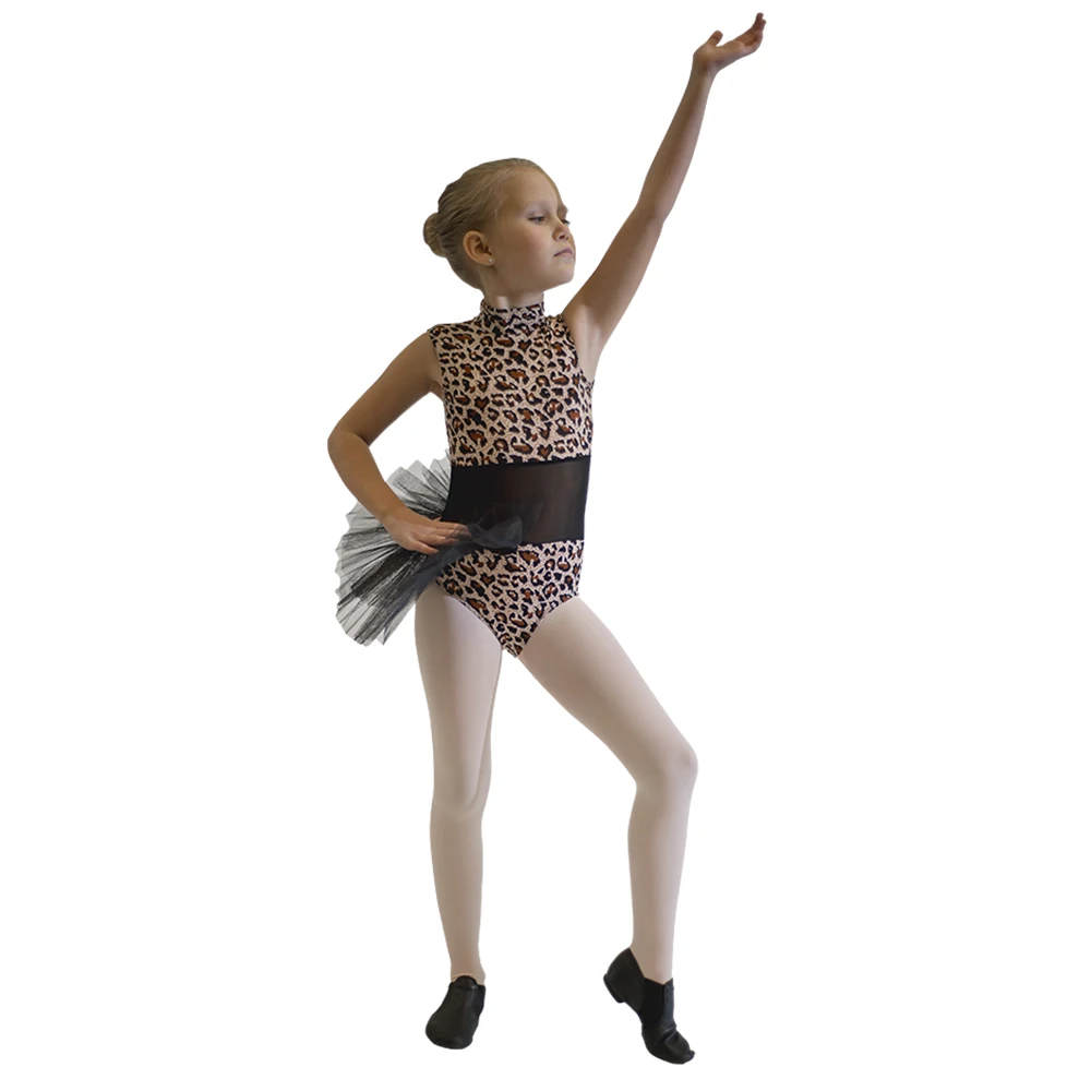 Fato de dança elástico para crianças, dança jazz, estampa leopardo, saia de tule, corpo com malha