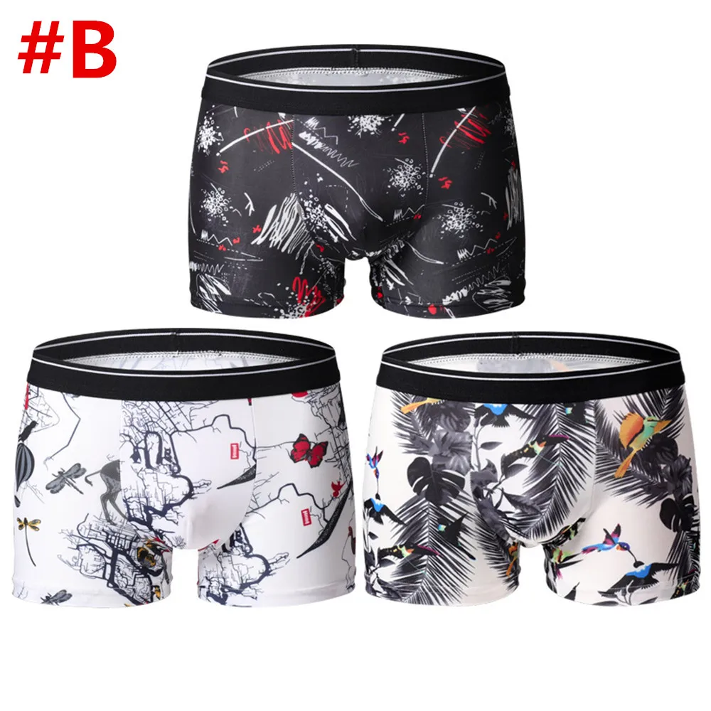 3 Pcs Sexy Panties Boy Ice Silk Men Printed Underwear Undies Underpants Fashion Boxer Briefs Breathable Homme Flexible Shorts