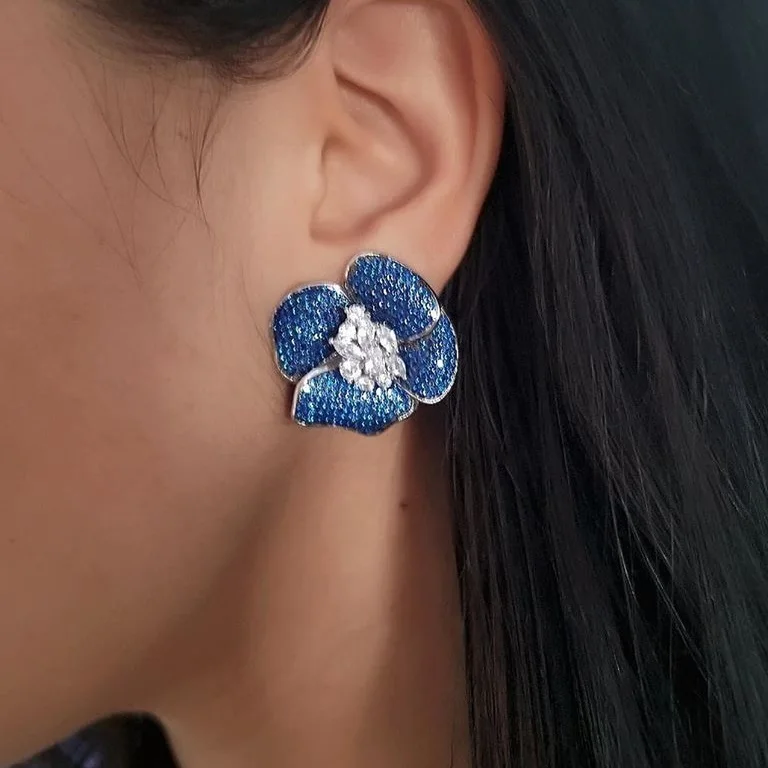 Promotion High quality micro pave blue black cubic zirconia cz bloom flower Big cz flower cz women earring 2022 spring new