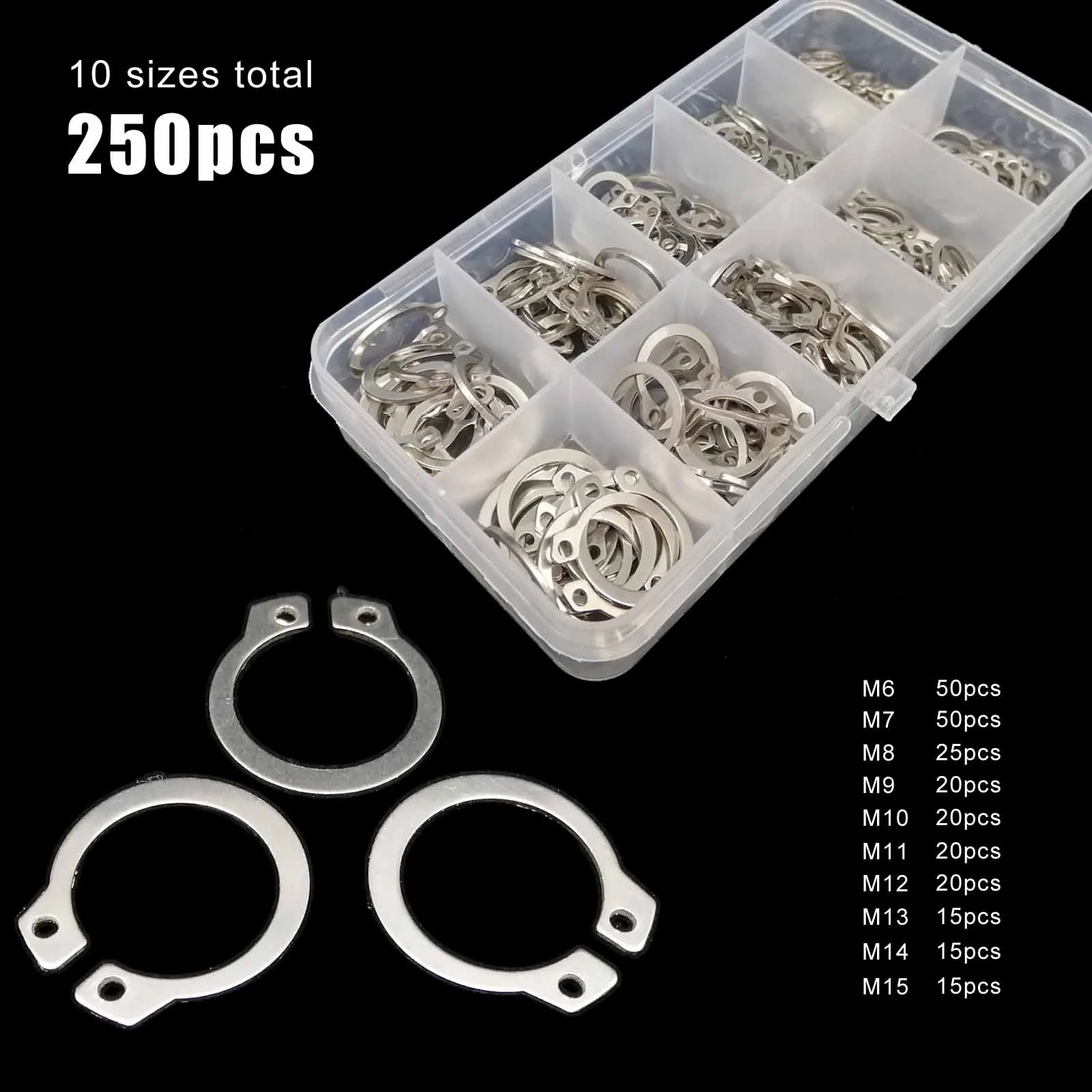 250/500pc Assortment Kit Set 5-20mm GB894 304 Stainless Steel Retaining Clip Snap Ring C Type External Circlip for Bearing Shaft