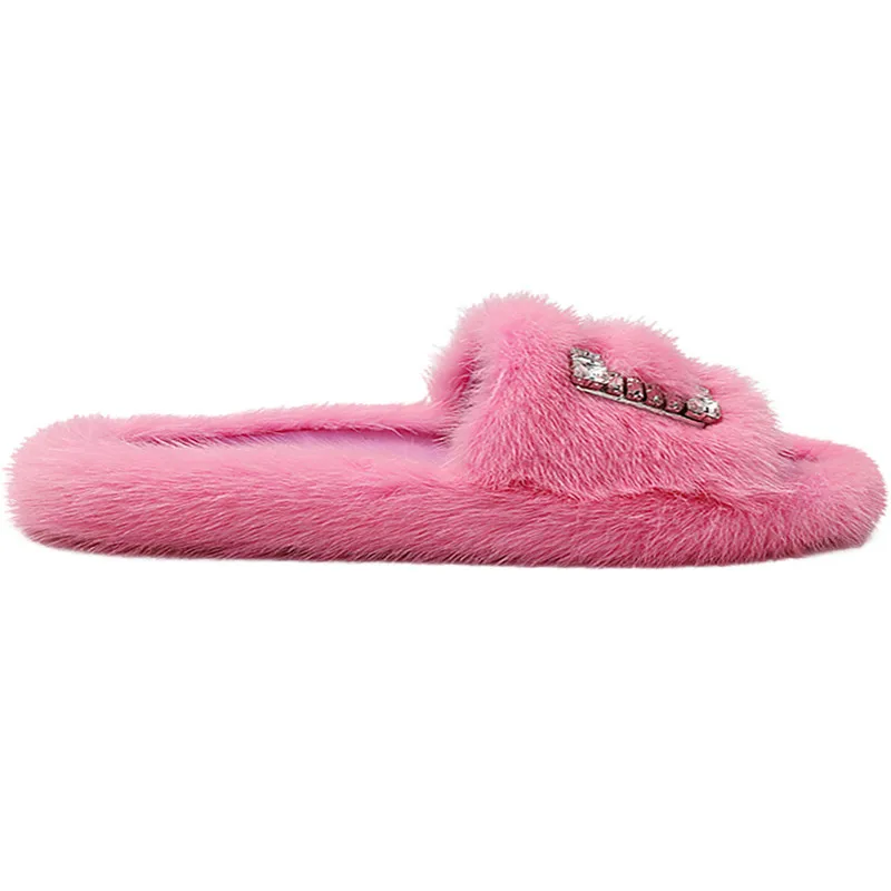 Fur Slippers Luxury Diamond Buckle Shoes For Women  100% Mink Non-Slip Flip-Flops Sandals For Women Summer 2022 indoor slippers