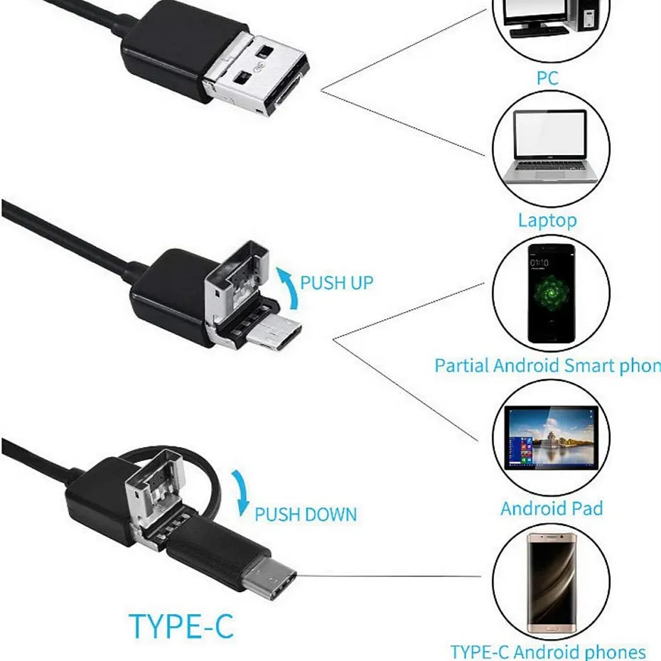 Câmera impermeável do endoscópio HD, 5.5mm, 720P, Android, PC, Xiaomi, Huawei, Samsung, cabo duro, 6 LED, ajustável