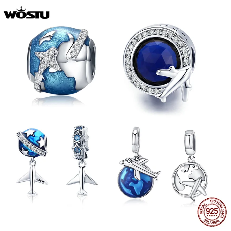 Wostu Reizen Rond Wereld Bedels 100% 925 Sterling Zilveren Vliegtuig Blauw Kralen Fit Originele Armband Hanger Diy Ketting Sieraden