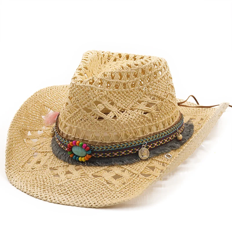 New Straw Western Cowboy Hat Hand Made Beach Felt Sunhats Party Cap For Man Woman Curling Brim Cap Sun Protection Unisex Hats