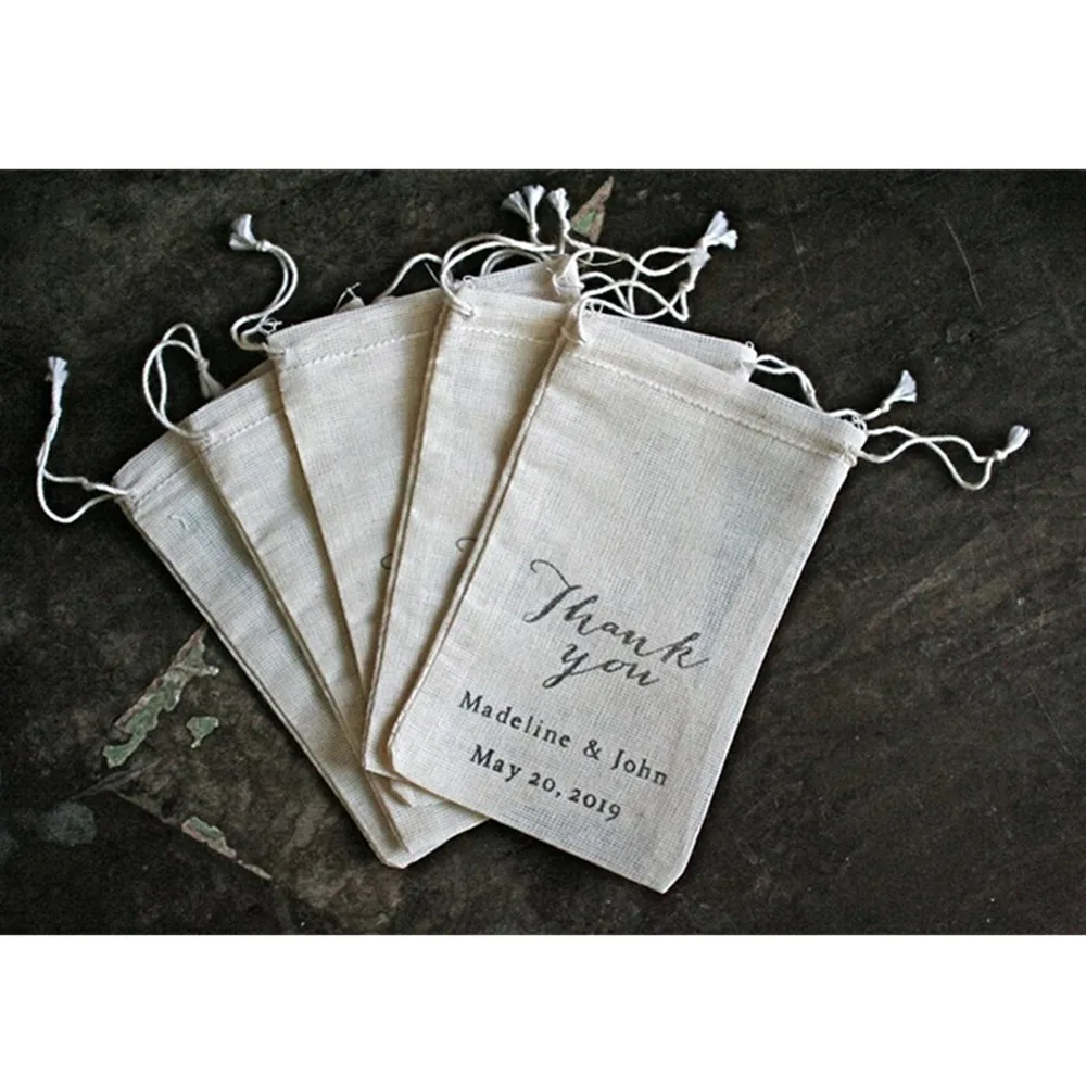 Personalized Favor Bags for Wedding  Shower  or Party   Hand stamped cotton gift bags Thank You script with custom names or date