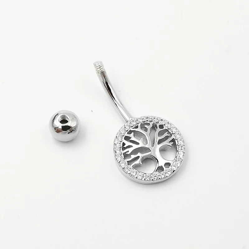 Real 925 Sterling Silver Belly Button Ring Women Tree Barbell Body Piercing S925 Silver Navel Bar Zircon Stones Jewelry