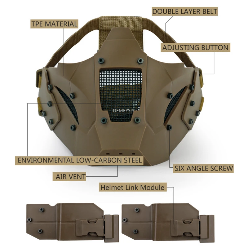 Caça máscara protetora meia face respirável militar tático airsoft paintball cs combate máscara facial com capacete conector