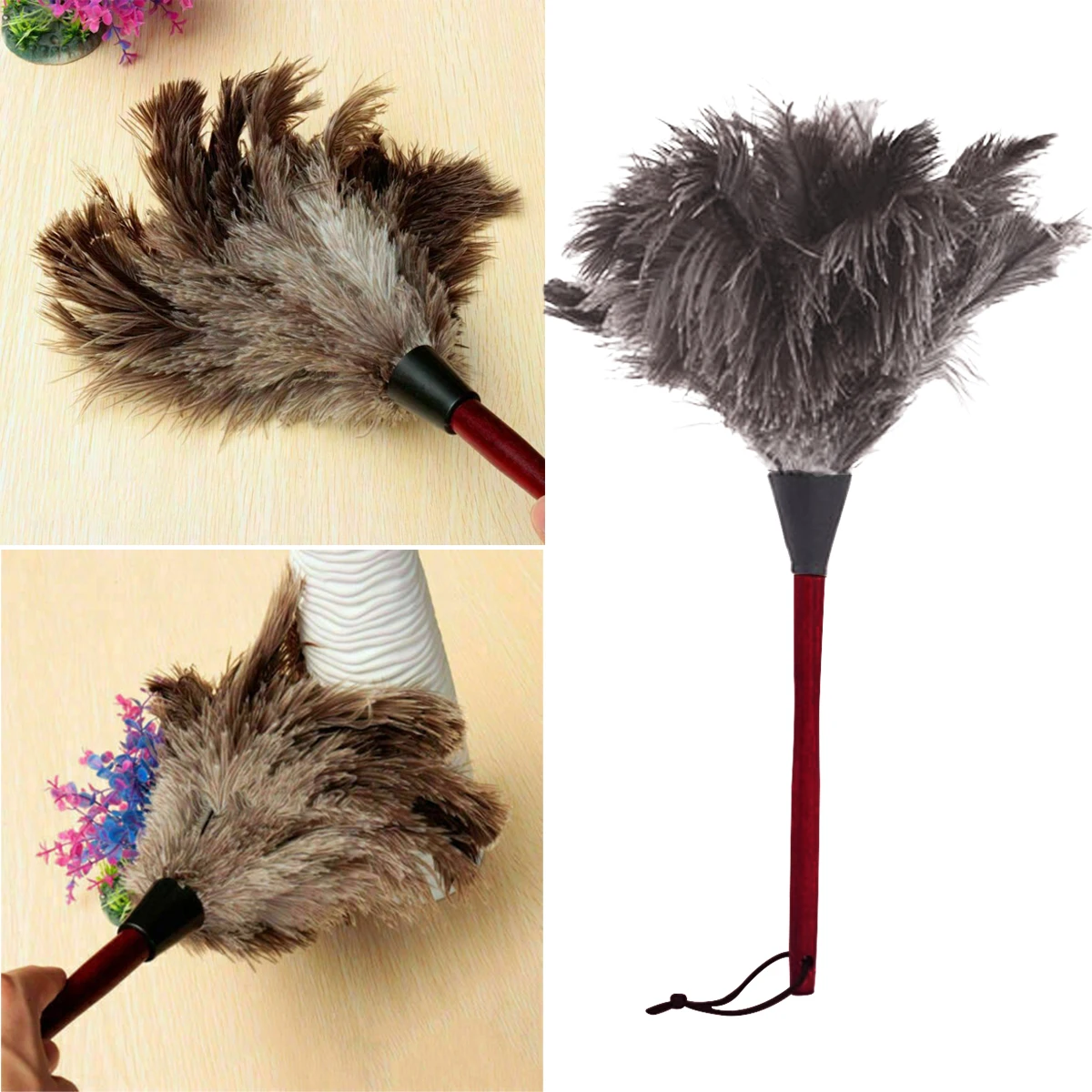 Anti-static Ostrich Feather Duster Wooden Handle Brush Cleaning Tool Protable Household Dusting Brush Cleaning