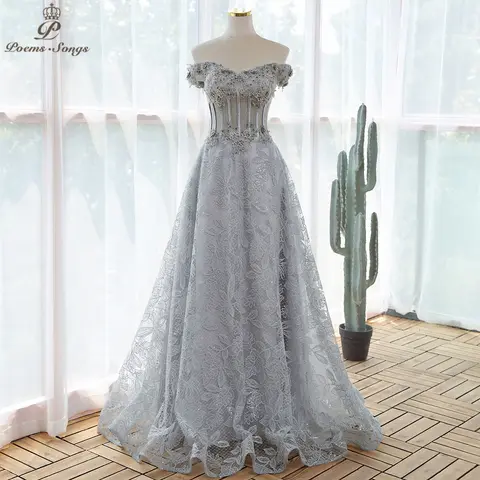 Gray Lace Sequin Evening Dress with Flowers poemssongs