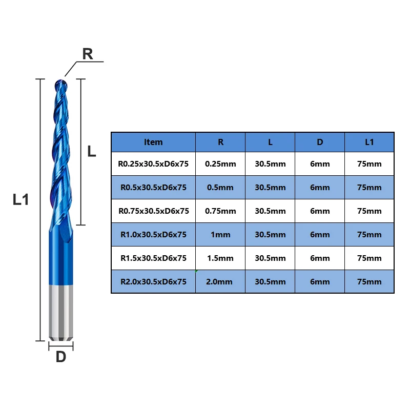 Fresa XCAN fresa conica a sfera conica con codolo da 6mm R0.25/R0.5/R0.75/R1.0/R1.5/R2.0 punta per incisione del Router di CNC per legno