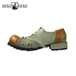 Men Vintage Lace Up Work Office Dress Shoes Luxury Round Toe Genuine Leather Shoes Spring Summer Mixed Color Outdoor Casual Shoe