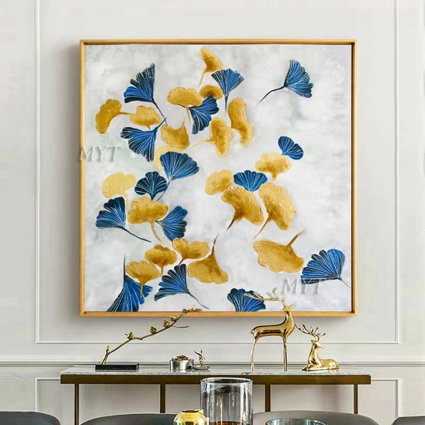 Gold And Blue Maple Leaves Abstract Oil Painting Wall Art Home Decor Picture Modern Hand Painted Oil Painting On Canvas Unframe