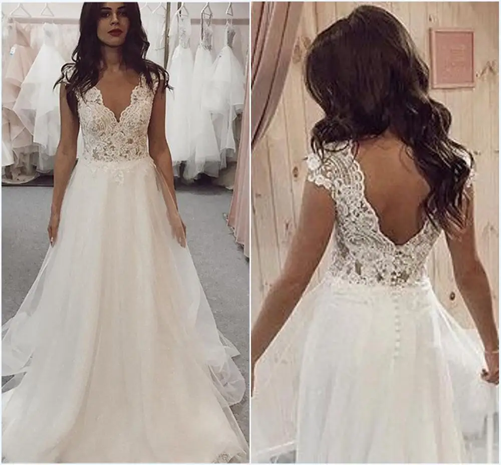 

Angelsbridep Deep V-Neck Tulle Wedding Dress Short Sleeves Vestidos De Noiva Charming Appliques Button Back Bride Dress