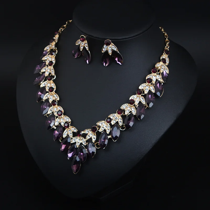 European and American Super Flash Temperament Crystal Gem Necklace Earrings Set Dress Wedding Bride Bridesmaid Accessories Set