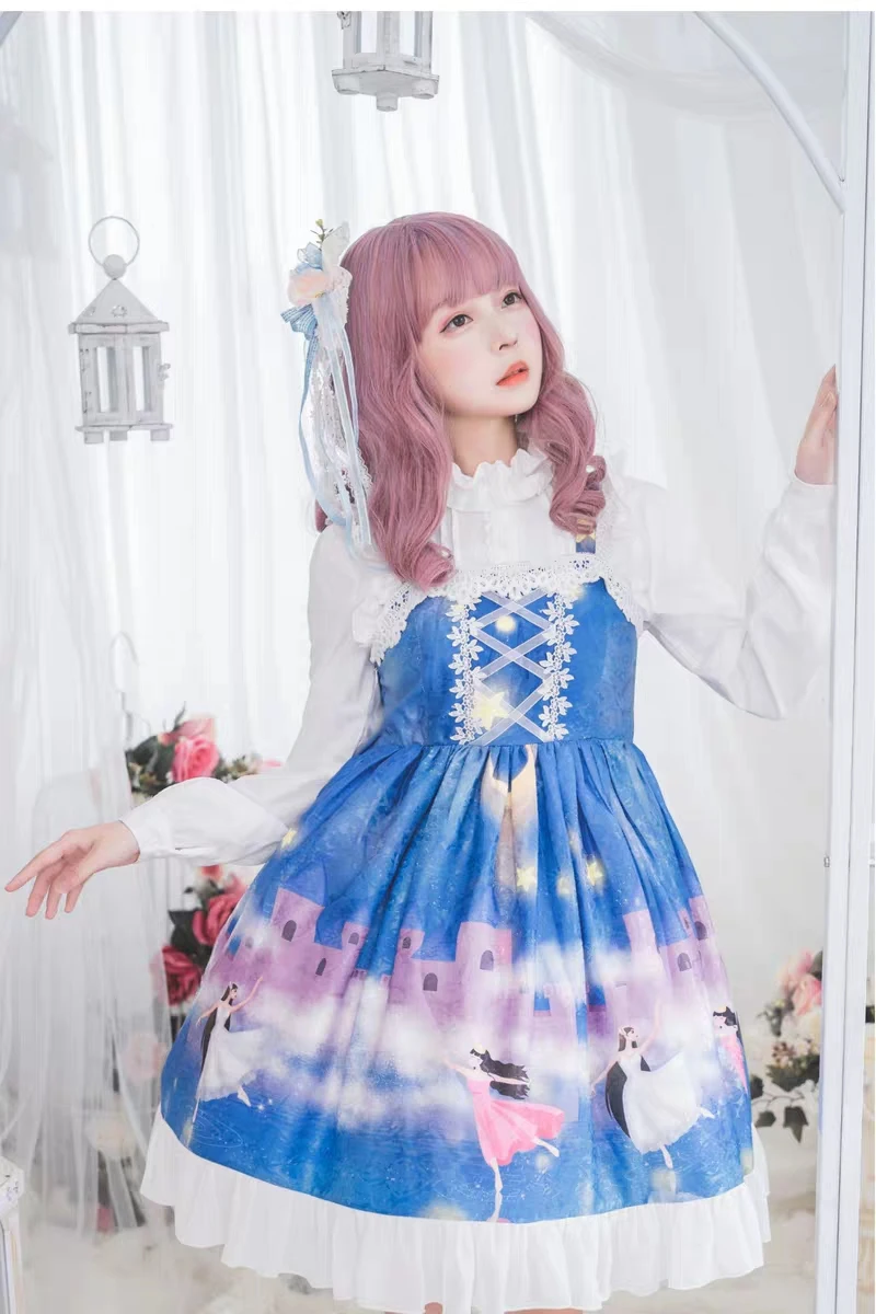 Japoński kawaii dziewczyna słodka sukienka lolita koronka w stylu vintage śliczny nadruk wysokiej talii sukienka w stylu wiktoriańskim loli cosplay gothic lolita jsk