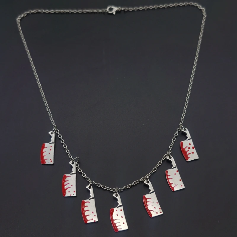 7 Kitchen Red Knives Tibetan Silver Kitchen Knife Necklace Charms Day of The Dead Necklace Gift Halloween Witch Jewelry Handmade