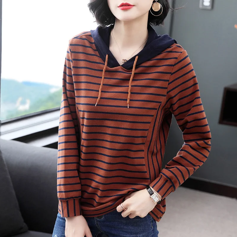 9020 herbst Winter Frauen Mit Kapuze Sweatshirt Striped Print Vintage Mode Verdicken Lose Vielseitig Casual Pullover Täglichen Weibliche