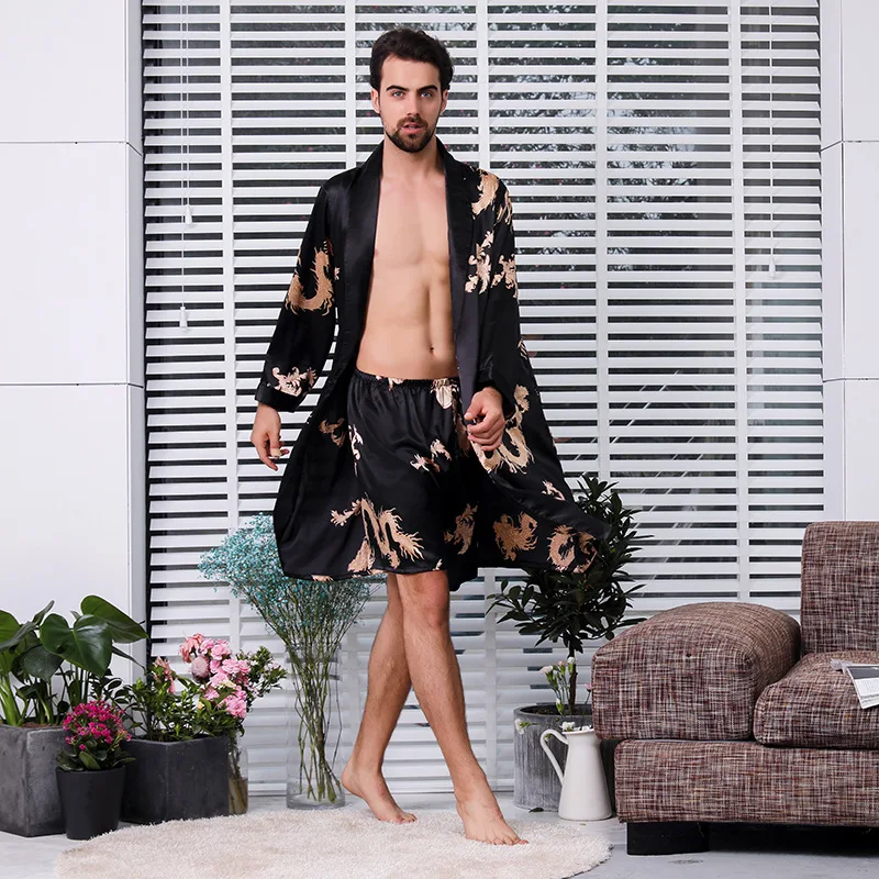 كيمونو الرجال 5XL 4XL المنزل الحرير Bathrobe لينة مريحة طويلة الأكمام حمام ثوب المطبوعة التنين Robes الخامس الرقبة الساتان ملابس خاصة ثوب النوم