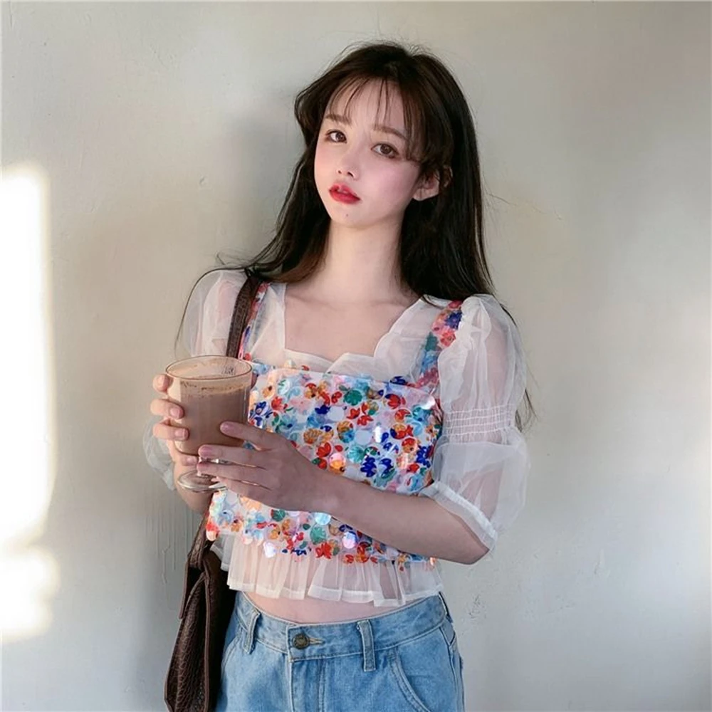 Women  2 pieces set voile tulle puff blouse crop top dots bling sequins fashion streetwear harajuku korean style chic camisole