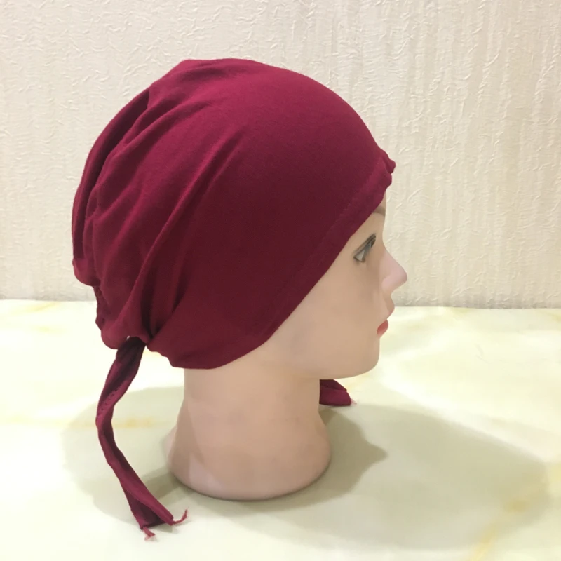 H048 Plain Cotton Tie Back Hats Muslim Turban Pure Color Stretch Inner Hijabs Underscarf Women Head Scarf Under Hijab Bonnet