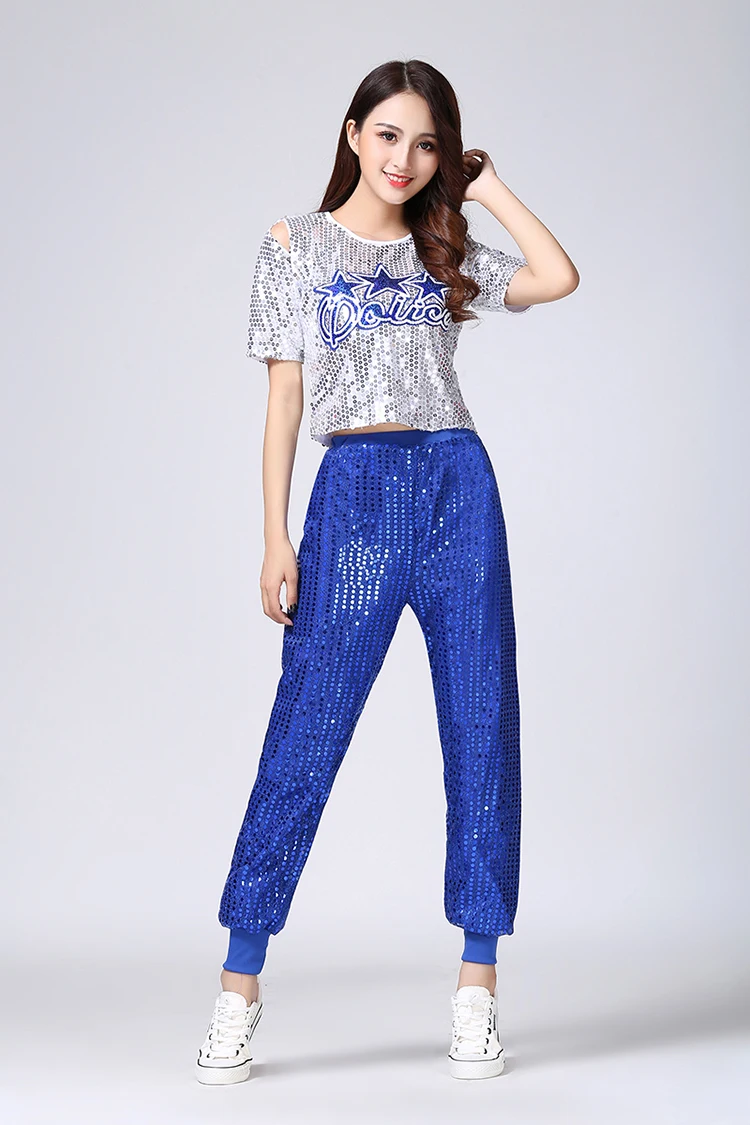 Fashion Adult Hip Hop Street Dancing Clothes Set High Quality Women Jazz Dance Costume Sequined Top+Pants Stage Dance Wear