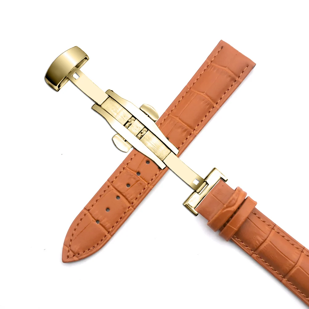 Leather Calfskin Strap Double Button Butterfly Clasp Watchband 16mm 18mm 20mm 22mm 24mm Steel Buckle Universal Wristband