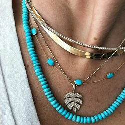Vintage Blue Bead Snake Chain Necklaces For Women Female Gold-plate New Multilevel Crystal Leaf Pendant Necklace Jewelry Gift