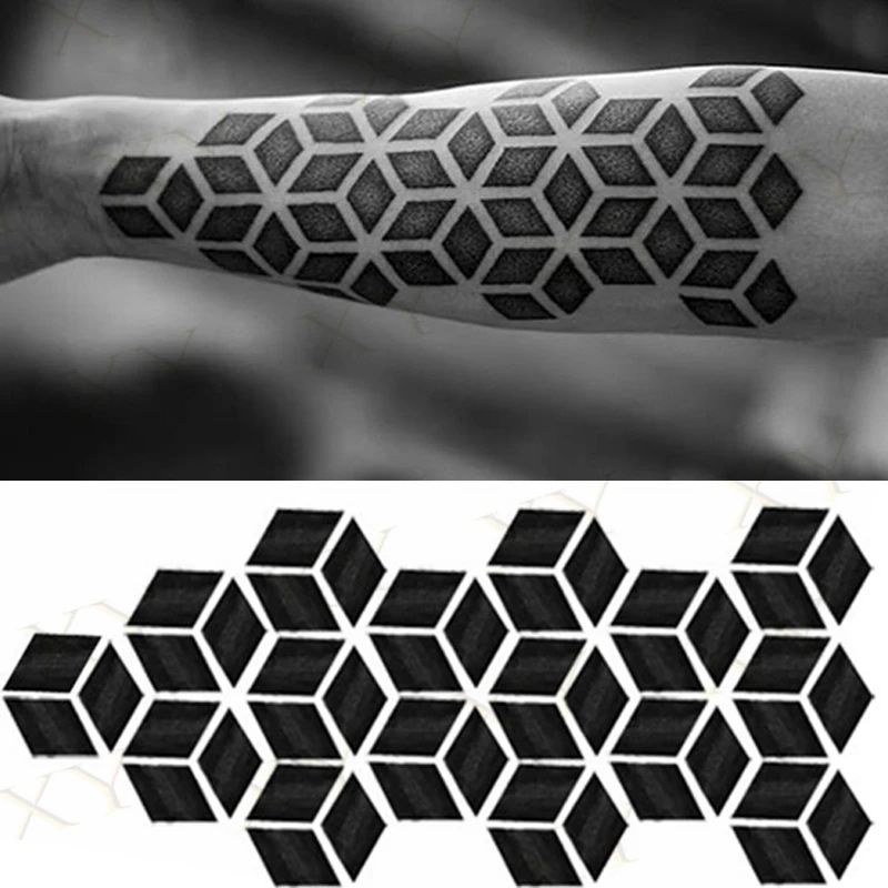 Tatuagem temporária à prova dwaterproof água etiqueta grande rhombus quadrado totem linha tatuagem treliça tatto adesivos flash tatoo tatuagens falsas